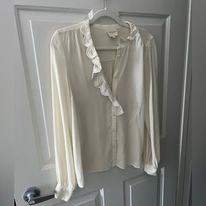 Classic Sezane ivory button-up blouse with ruffled collar